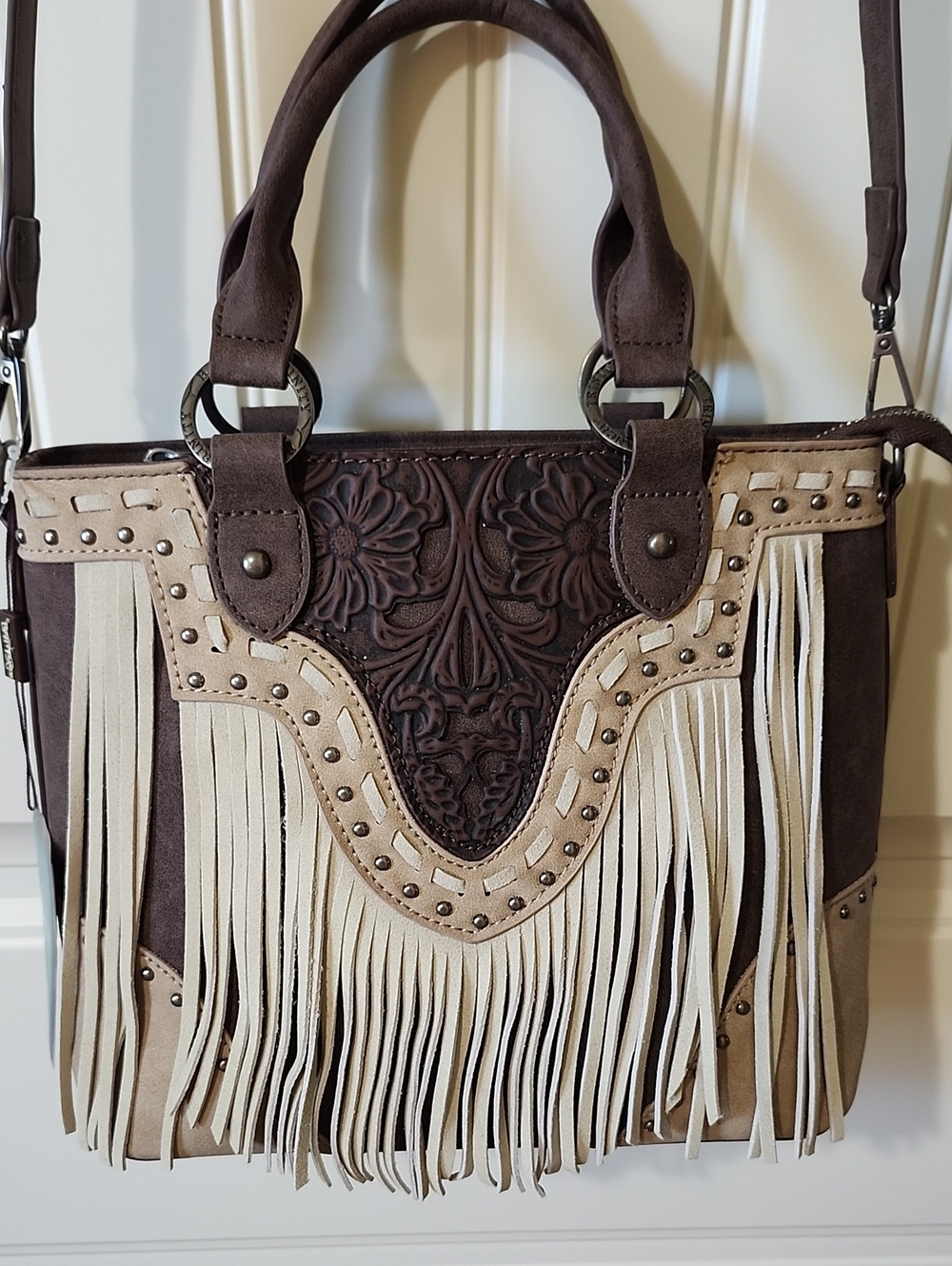Trinity Ranch Tooled Fringe Tote  Satchel Conceal Carry Handbag NWT - Picture 2 of 12